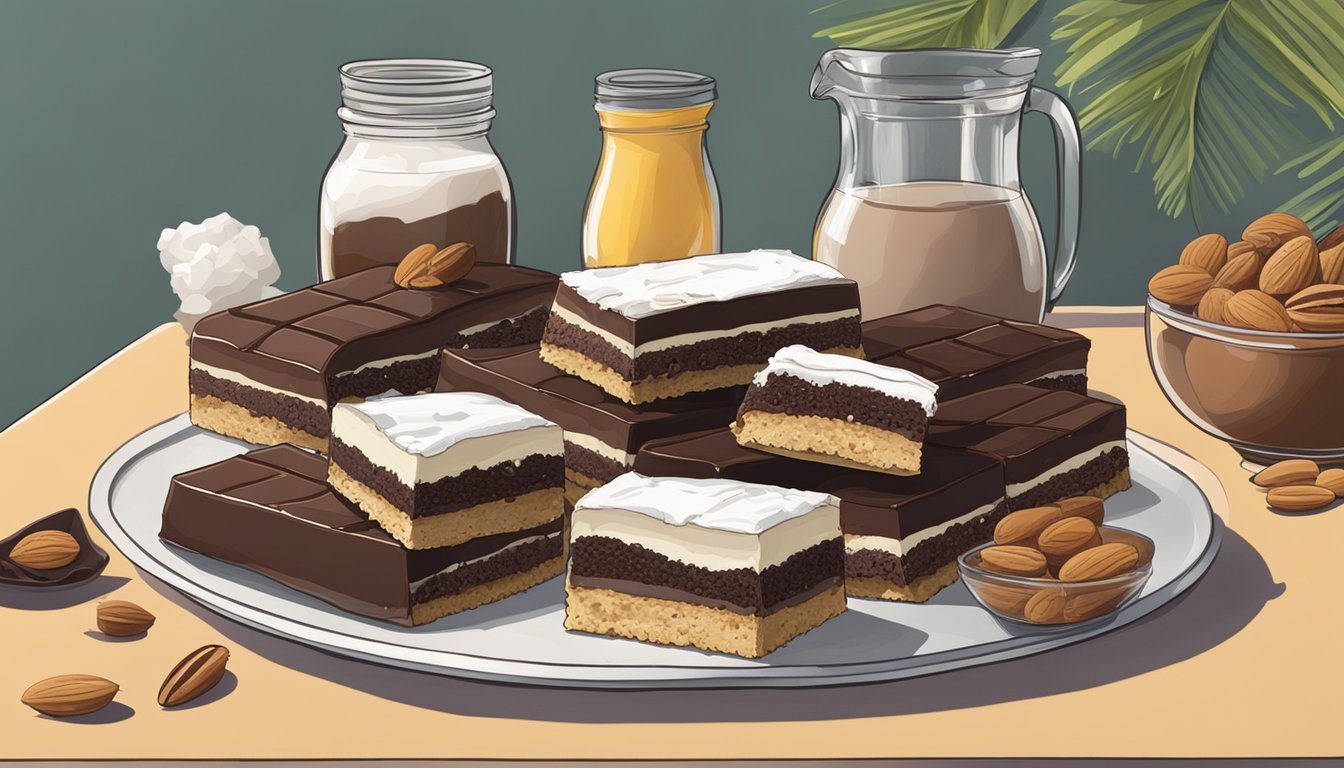 A kitchen counter with a tray of nanaimo bars surrounded by various ingredients like coconut, cocoa, and nuts