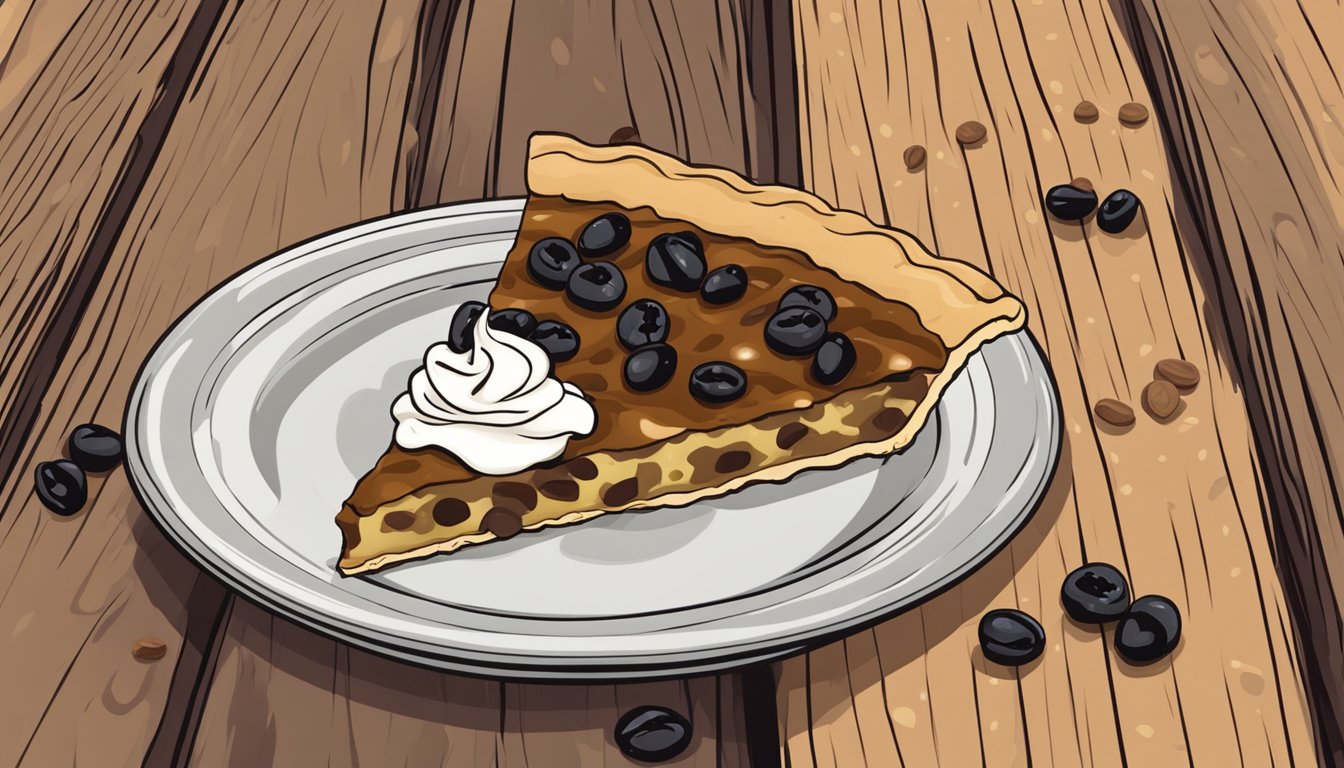 A slice of sour cream raisin pie sits on a rustic wooden table, surrounded by a dollop of cream and scattered raisins