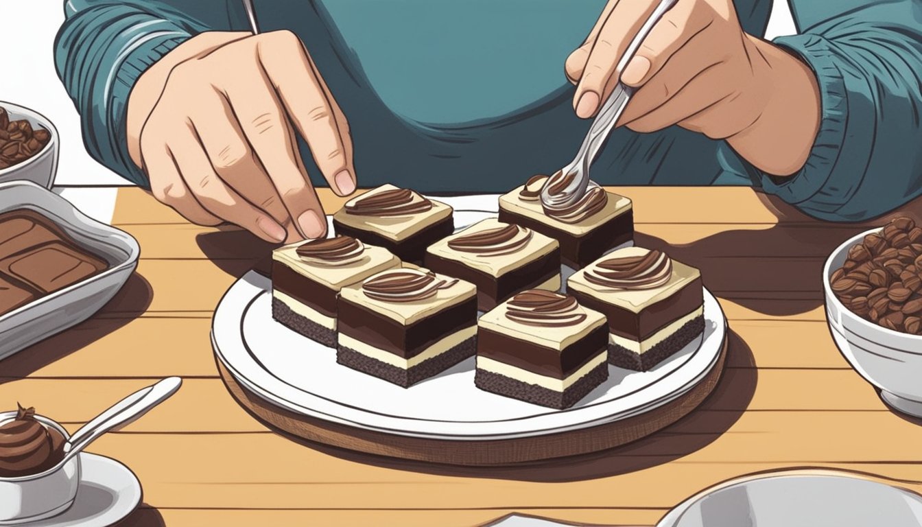 A person assembling and serving vegan nanaimo bars on a white plate