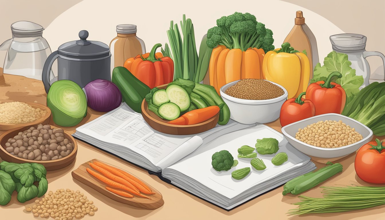 A colorful array of fresh vegetables, lean proteins, and whole grains arranged on a kitchen counter, with a cookbook open to a page of diabetes-friendly dinner recipes