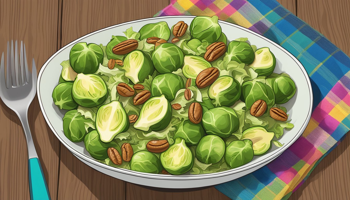 A bowl of Brussels sprouts salad with sliced apples and pecans, arranged on a wooden table with a colorful cloth underneath