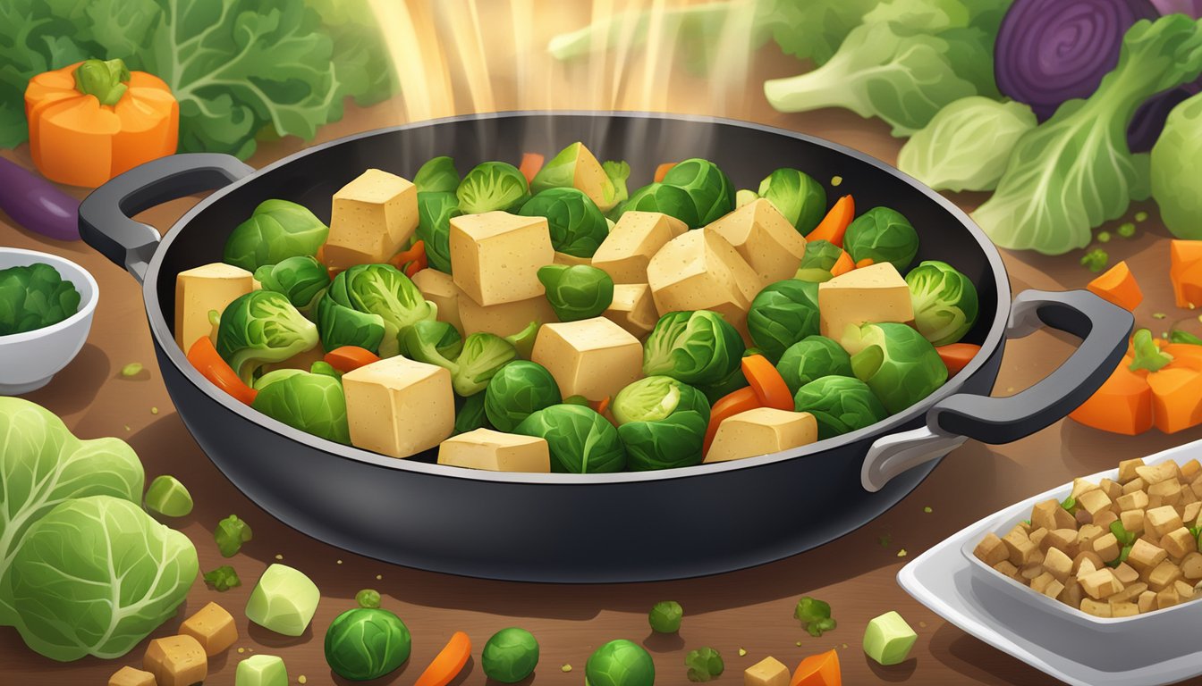 A sizzling stir-fry pan with cubes of tofu and vibrant green Brussels sprouts, surrounded by colorful vegetables and aromatic seasonings