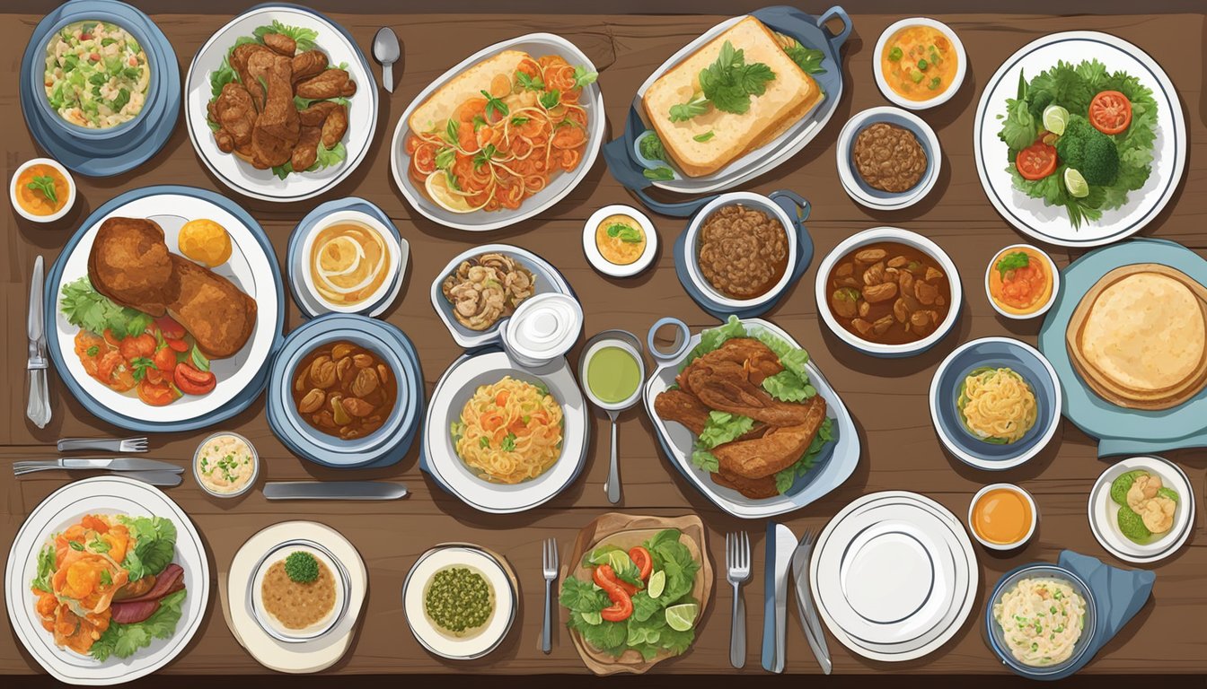 A table set with a variety of Australian dinner dishes, incorporating cultural influences and designed to meet the dietary needs of individuals with diabetes