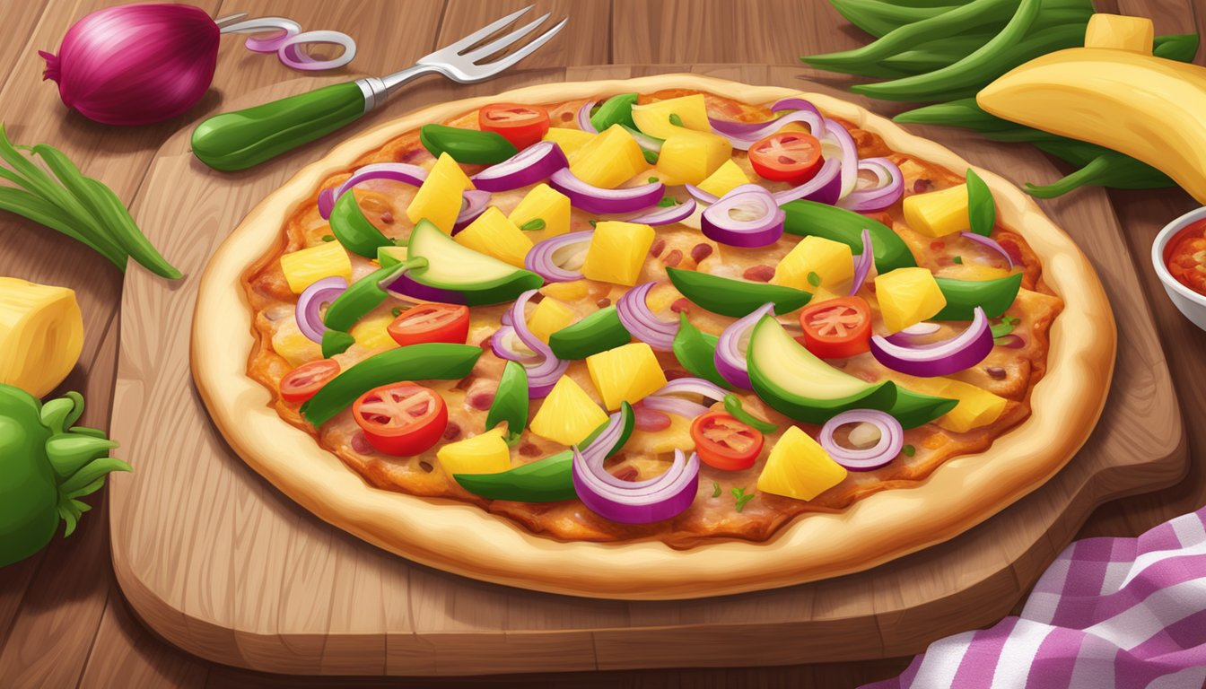 A Hawaiian BBQ chicken pizza with colorful pineapple, red onions, and green peppers on a wooden cutting board