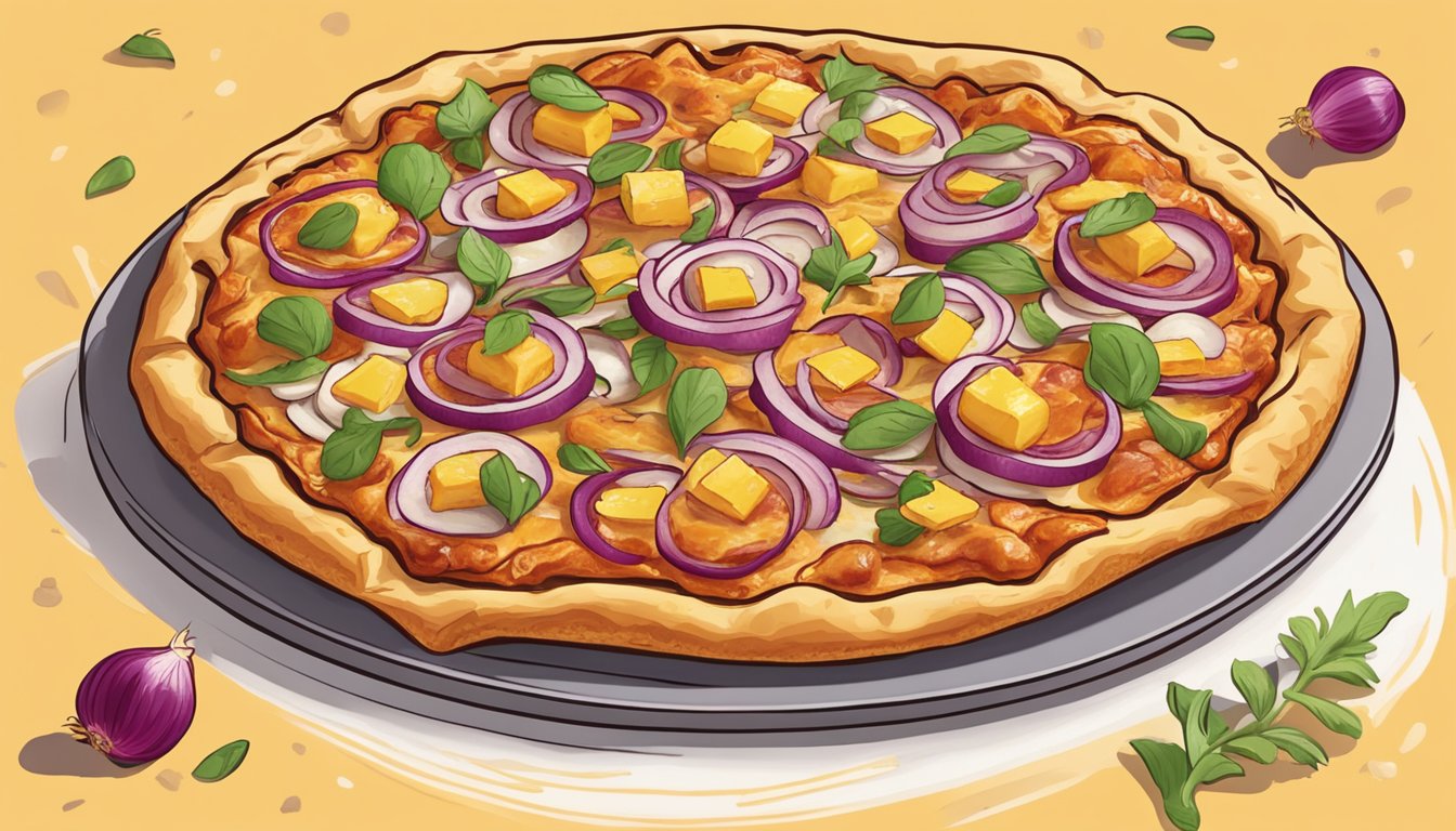 A pizza topped with vegan hawaiian BBQ chicken, pineapple, and red onions on a crispy, golden crust, with vegan cheese melted and bubbling on top