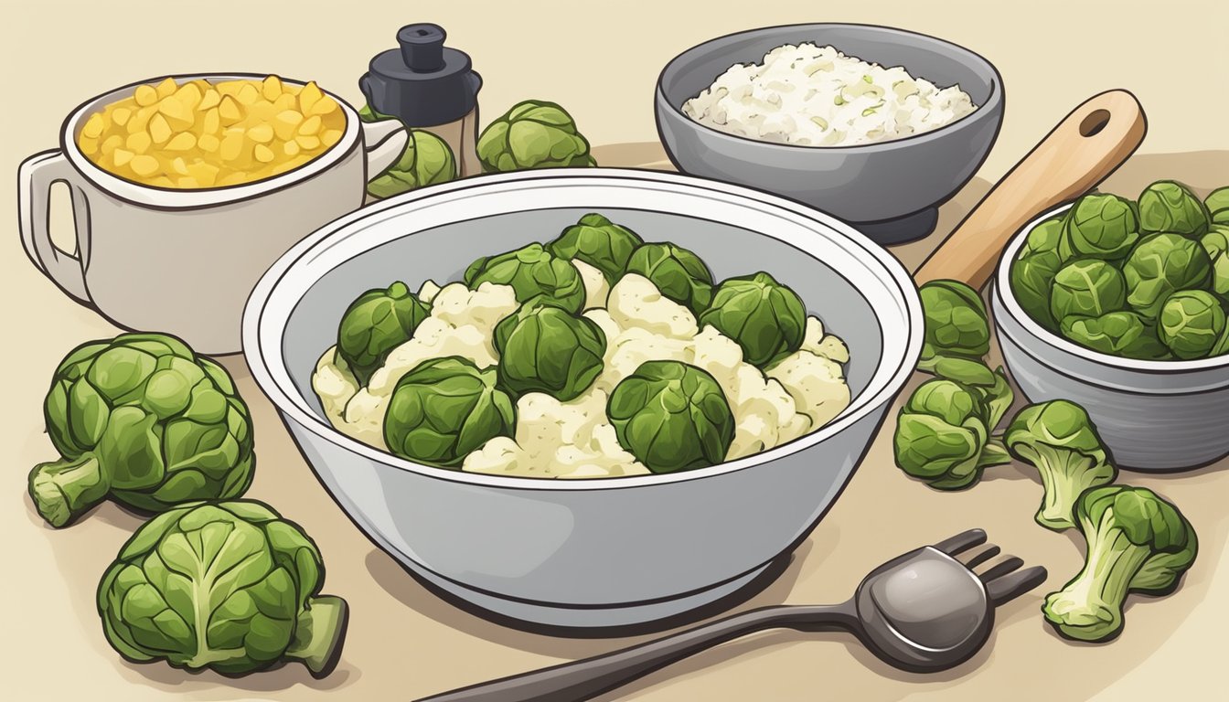 A bowl of creamy cauliflower mash topped with roasted brussels sprouts, surrounded by fresh ingredients and cooking utensils