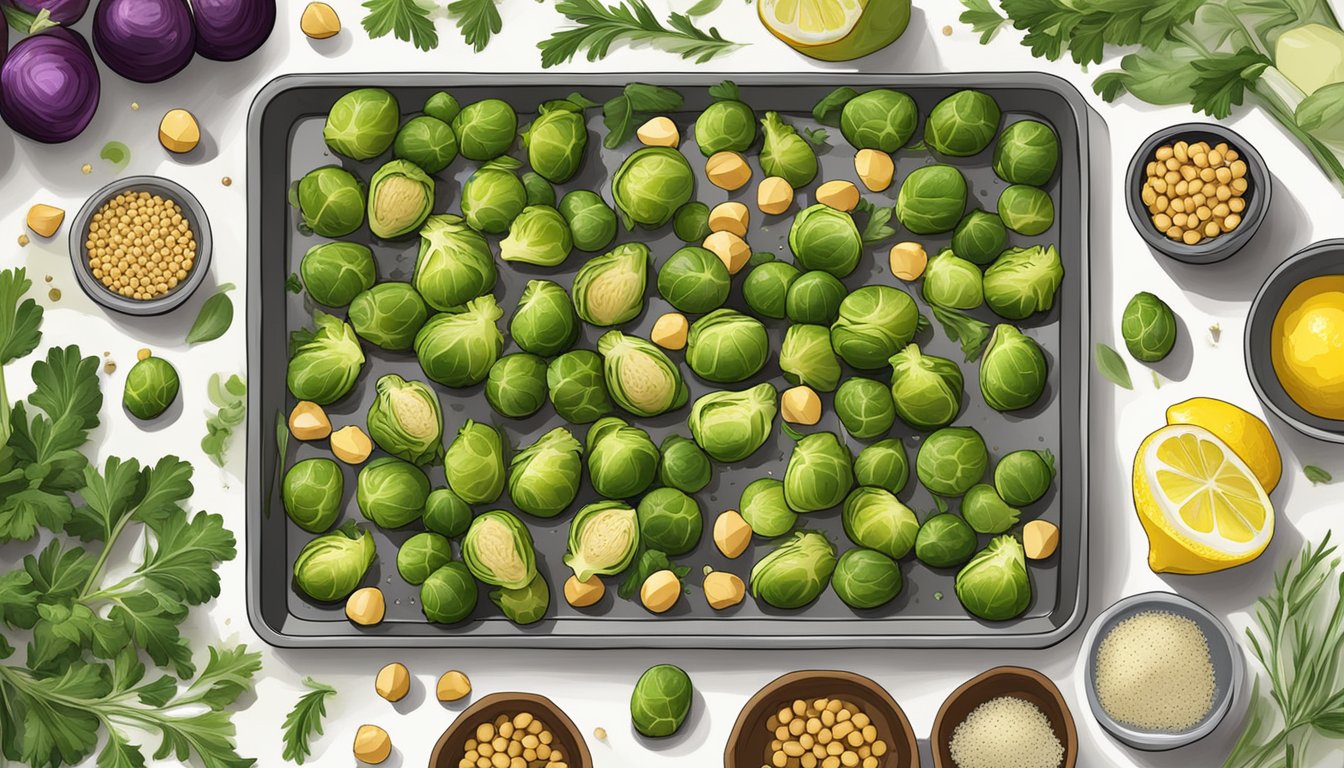 A baking sheet with roasted brussels sprouts and chickpeas, sprinkled with spices and herbs, surrounded by ingredients like olive oil, garlic, and lemon