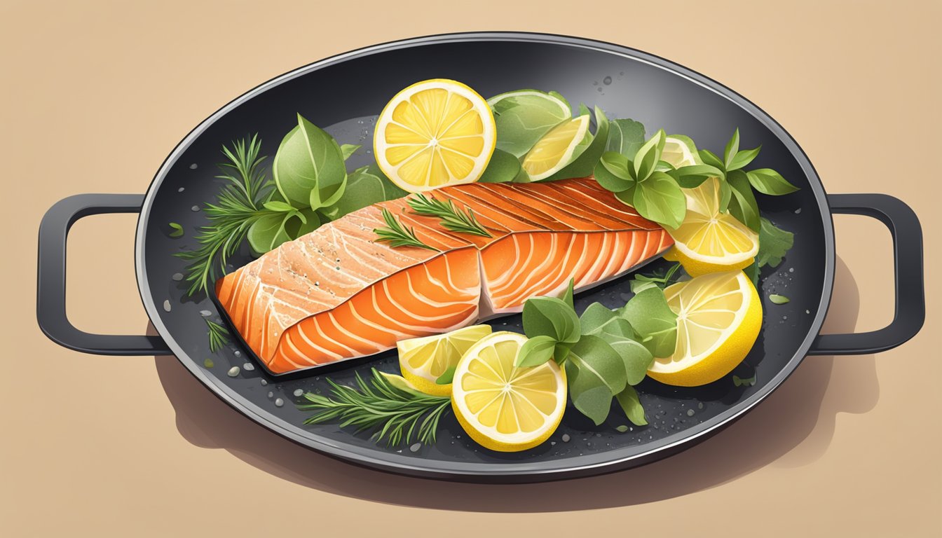 A succulent salmon fillet sizzling on a grill, surrounded by fresh lemon slices and fragrant herbs