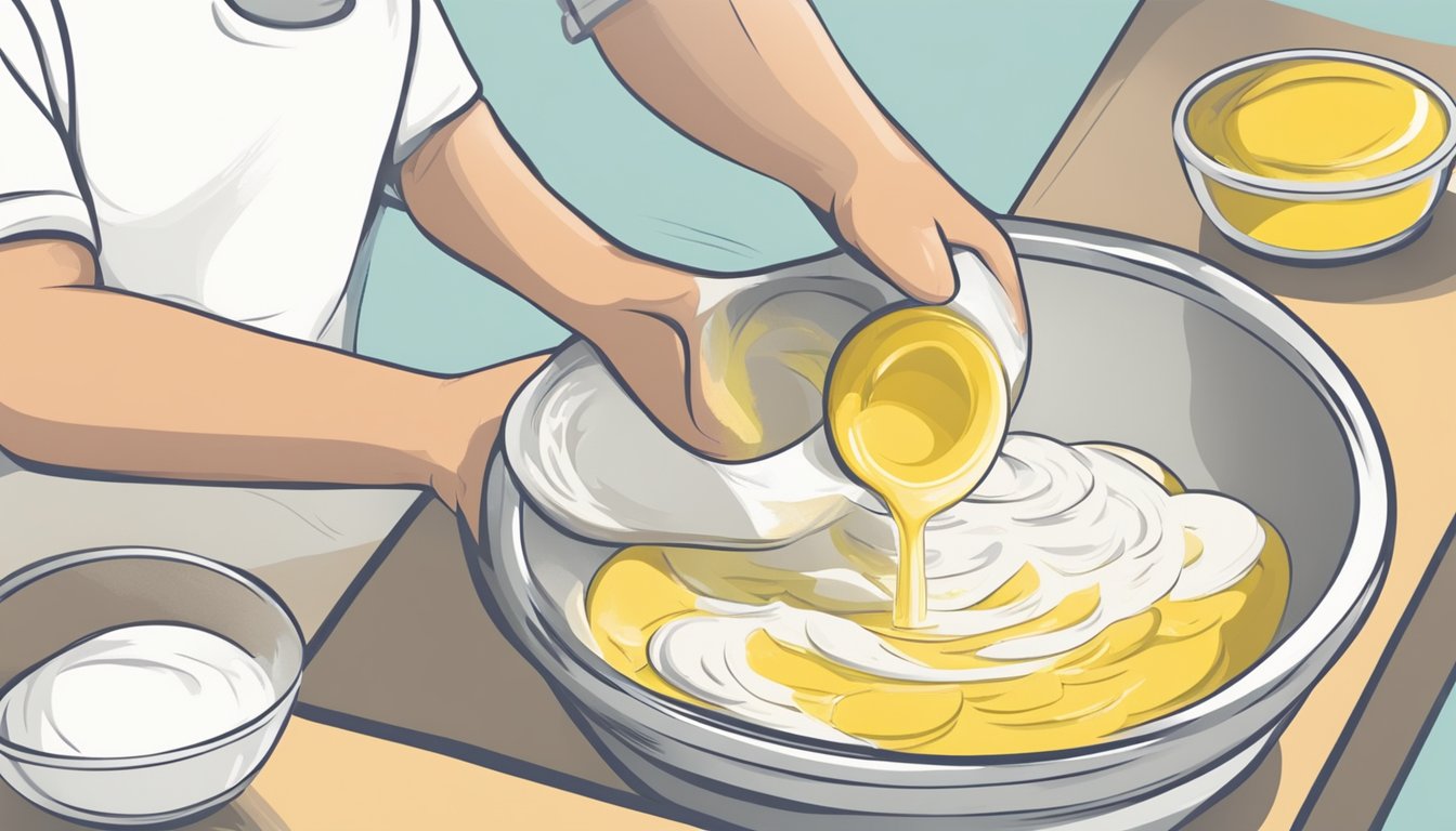 A mixing bowl filled with flour, yeast, and olive oil. A hand adding water and kneading the dough until smooth and elastic