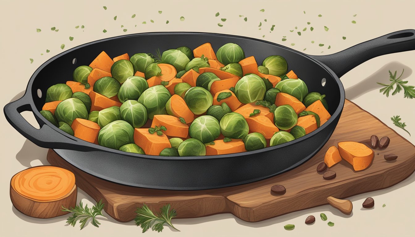 A rustic kitchen scene with a skillet sizzling with diced sweet potatoes and brussels sprouts, surrounded by fresh herbs and spices