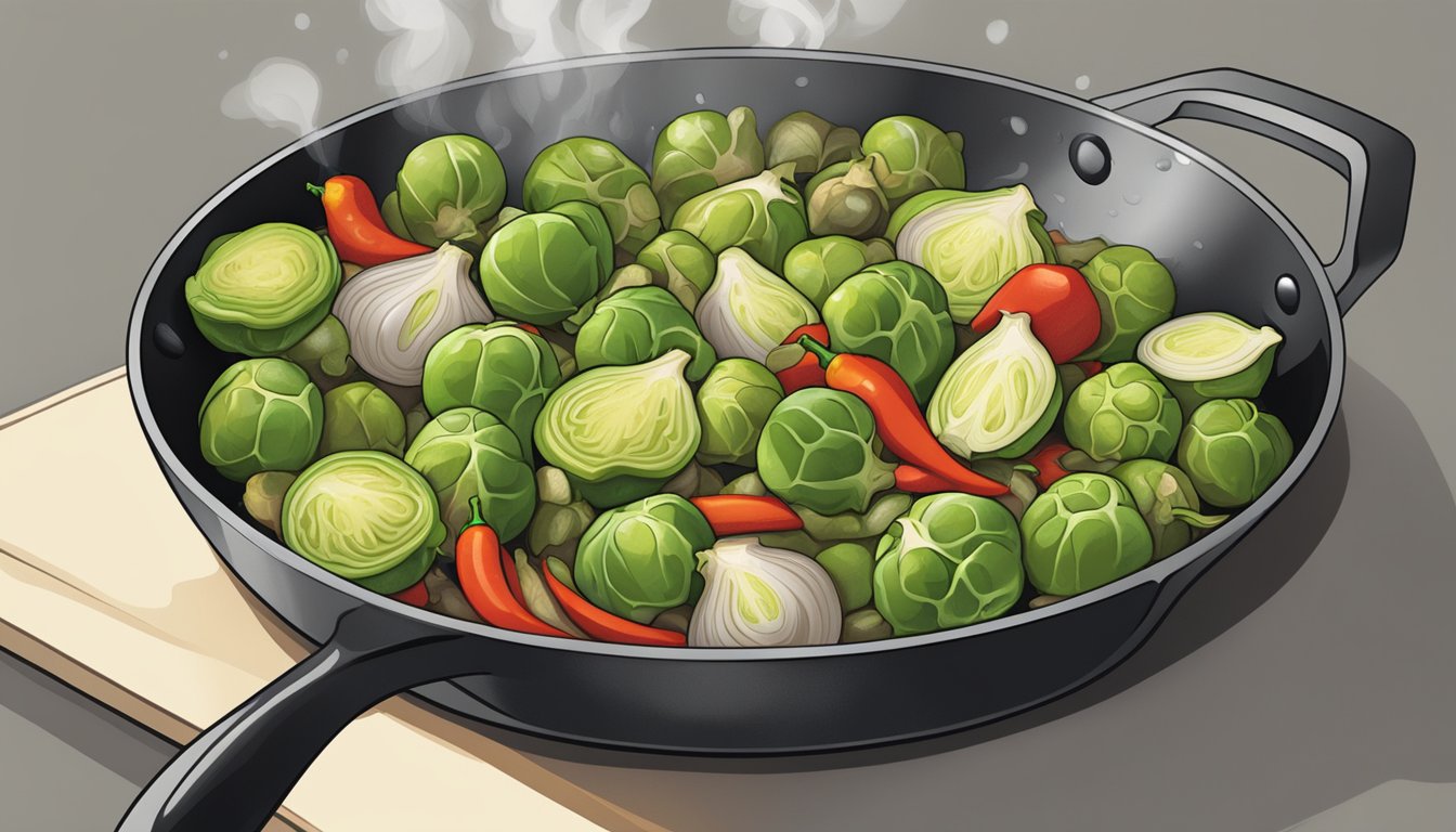 Brussels sprouts, onions, and peppers sizzling in a skillet. Steam rises as the vegetables are sautéed to perfection