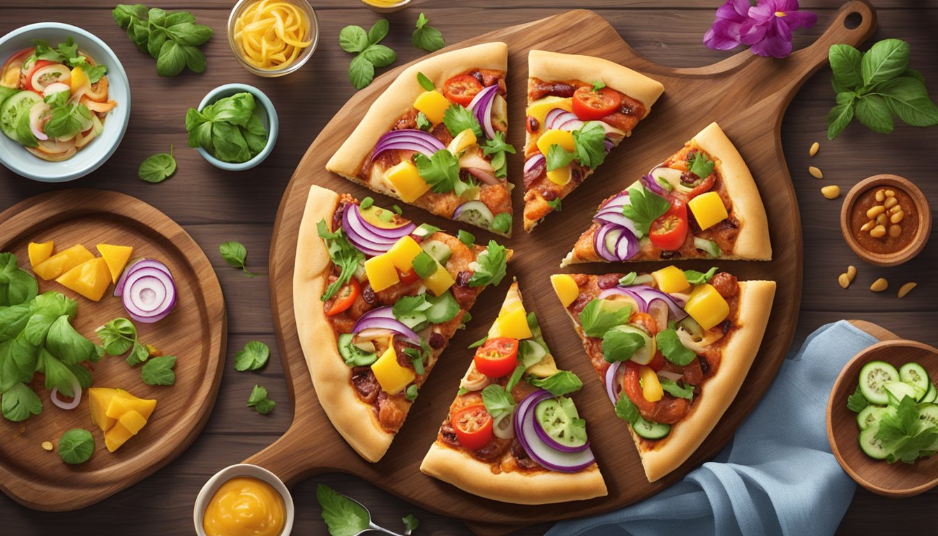 A colorful hawaiian bbq chicken pizza with vibrant and fresh vegan toppings on a rustic wooden serving board