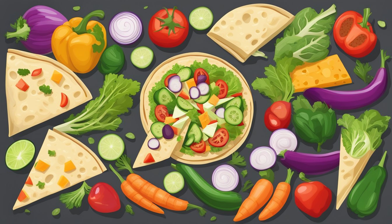 A colorful array of fresh vegetables and vegan cheese arranged on a tortilla, ready to be folded and grilled into a delicious vegan quesadilla