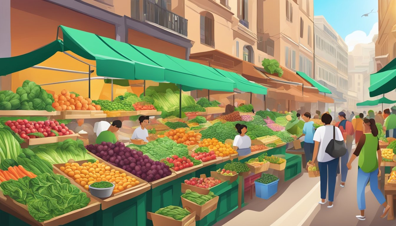 A vibrant, bustling market with a variety of fresh spinach and other healthy foods displayed on colorful stalls