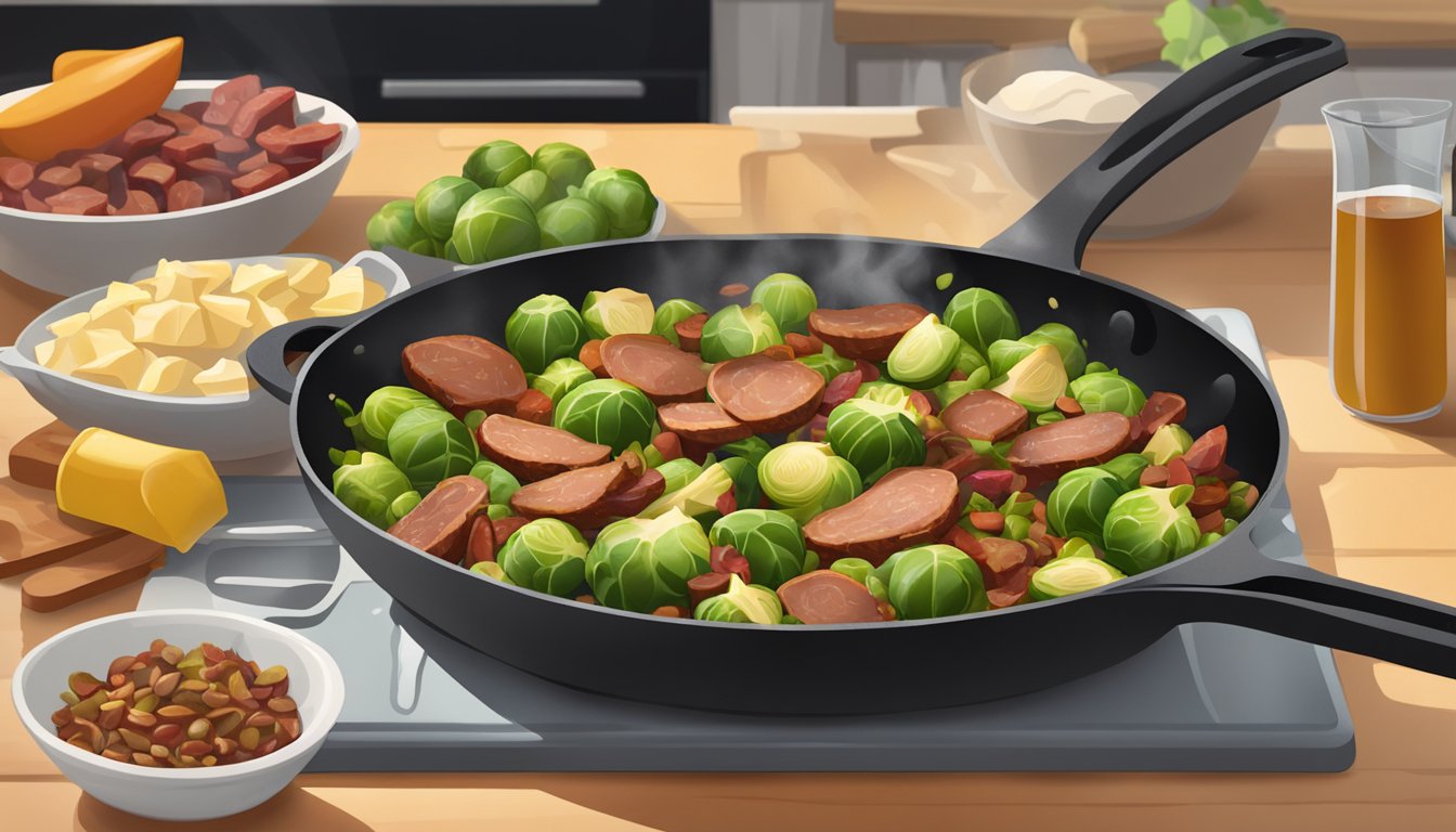 A sizzling skillet with Brussels sprouts and turkey bacon cooking together, surrounded by colorful ingredients and a warm, inviting kitchen atmosphere