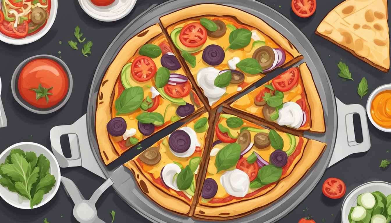 A pizza quesadilla with vegan ingredients, including vegan cheese, tomato sauce, and various vegetables, is being prepared on a sizzling hot pan