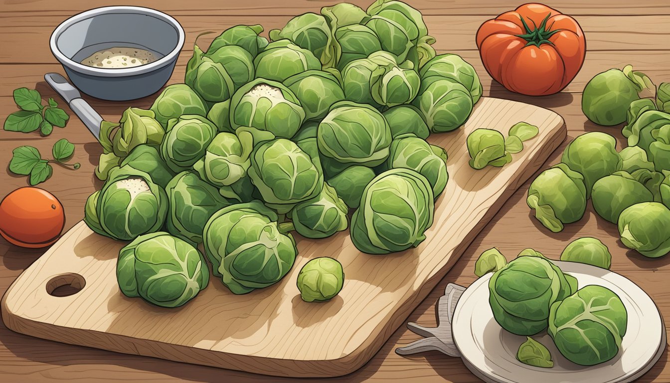 A colorful array of Brussels sprouts, tomatoes, and herbs arranged on a wooden cutting board, surrounded by various cooking utensils and a recipe book open to a page titled "11 diabetes friendly recipes using brussels sprouts."