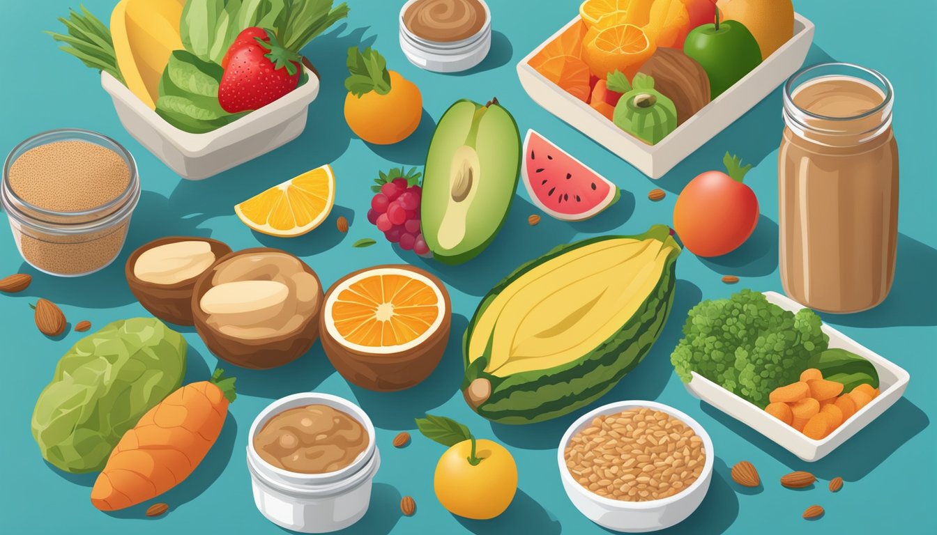 A colorful array of fresh fruits, vegetables, and whole grains displayed on a vibrant backdrop, with jars of almond butter and diabetes-friendly food products