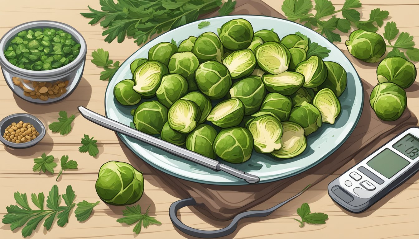 A plate of roasted brussels sprouts surrounded by fresh herbs and spices, with a blood sugar monitor and healthy recipe book nearby