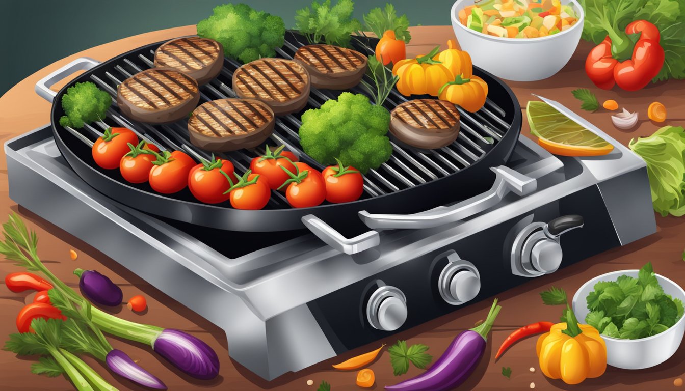 A sizzling grill with juicy portobello mushroom caps cooking, surrounded by colorful vegetables and herbs