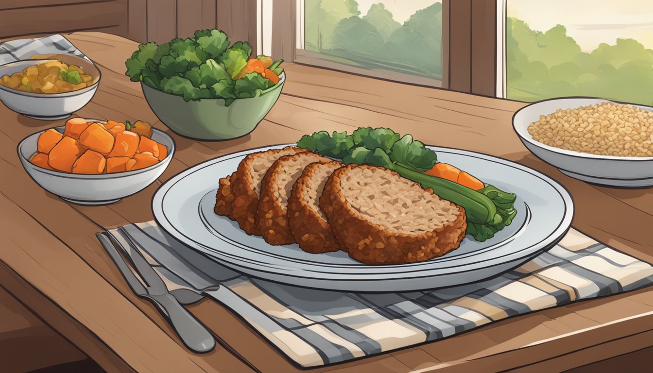 A table set with a plate of turkey meatloaf, oats, and a side of vegetables. The warm, inviting atmosphere suggests a cozy dinner setting