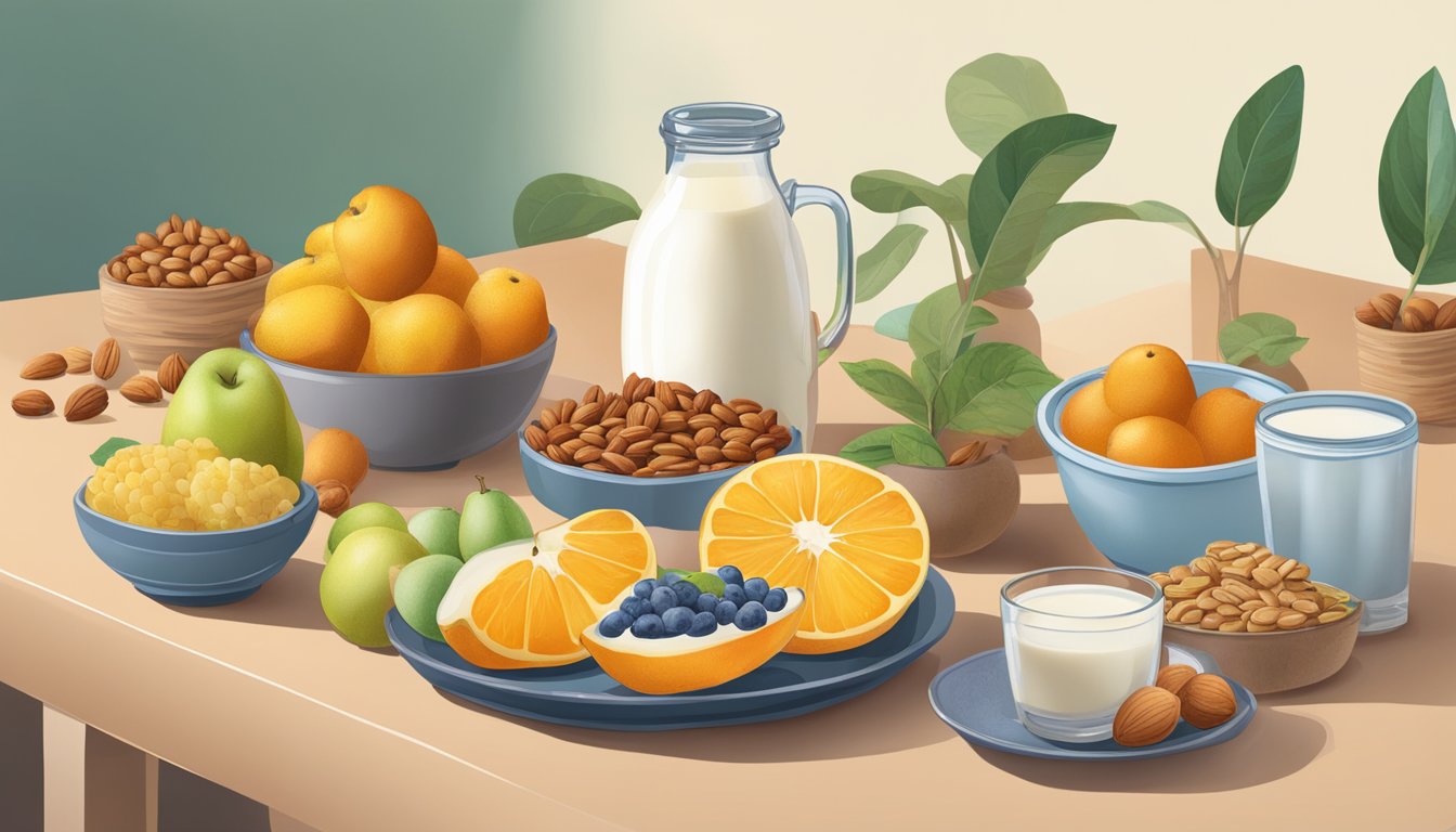 A table with various tuiles, fruits, and nuts. A plant-based milk carton is nearby