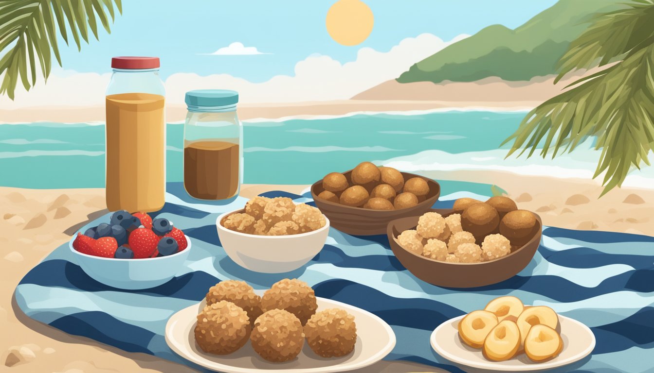 A picnic blanket on a sandy beach, surrounded by almond butter protein balls and other healthy snacks, with the ocean in the background