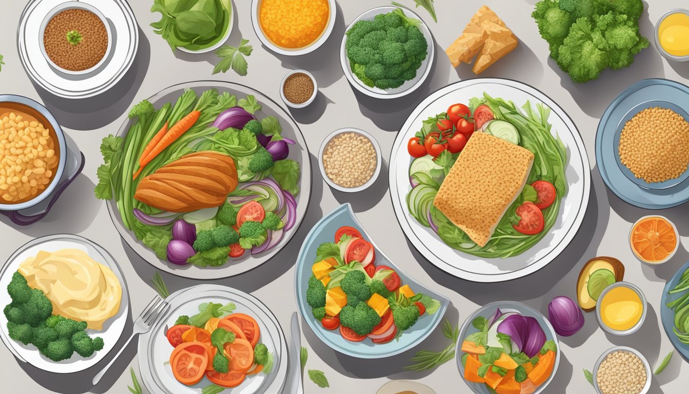 A table set with a variety of colorful, healthy dinner dishes, including vegetables, lean proteins, and whole grains