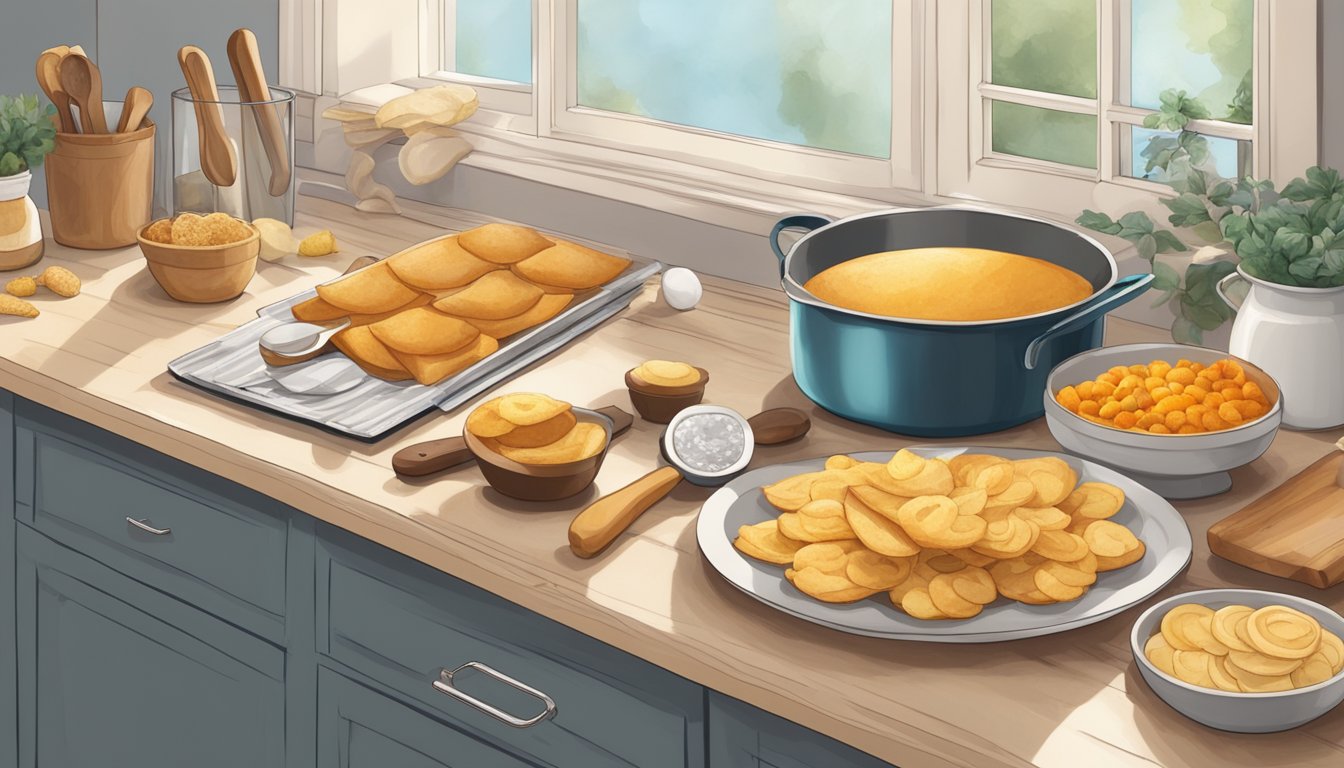 A kitchen counter with a variety of vegan baking ingredients and utensils, including a tray of freshly baked tuiles