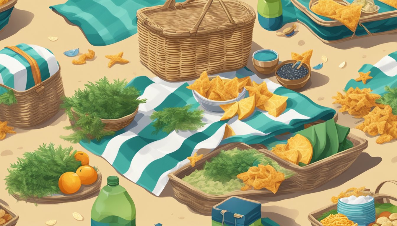 A sandy beach with a colorful beach towel spread out, surrounded by 11 different types of seaweed snacks neatly packed in a picnic basket