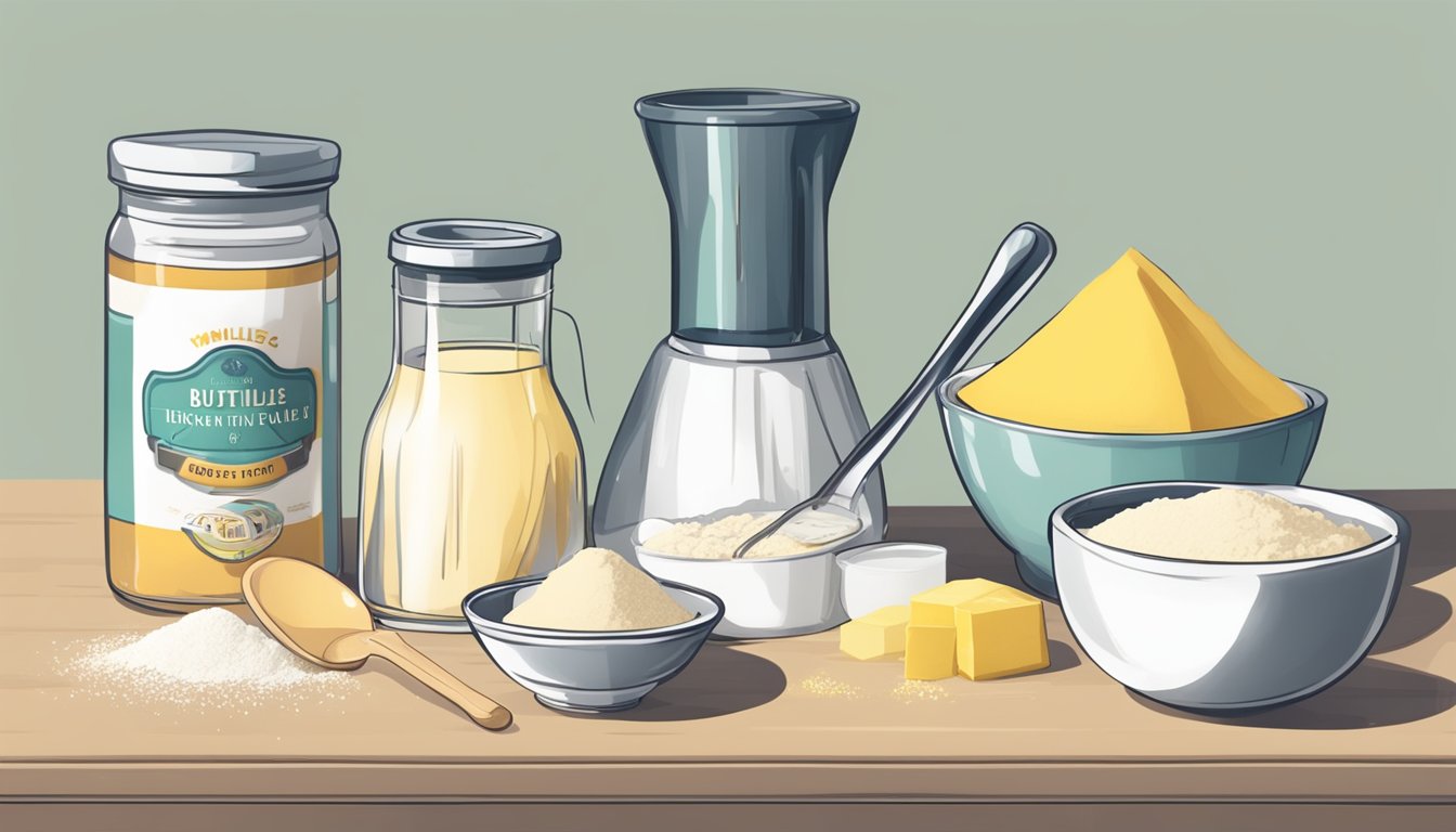 A kitchen counter with ingredients for tuiles recipe: flour, sugar, vegan butter, and vanilla extract. A mixing bowl and measuring spoons are nearby