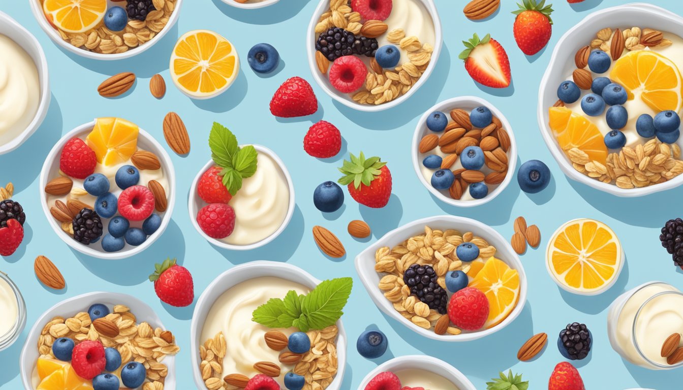 A colorful array of Greek yogurt parfaits arranged on a beach towel, surrounded by fresh fruit, granola, and nuts