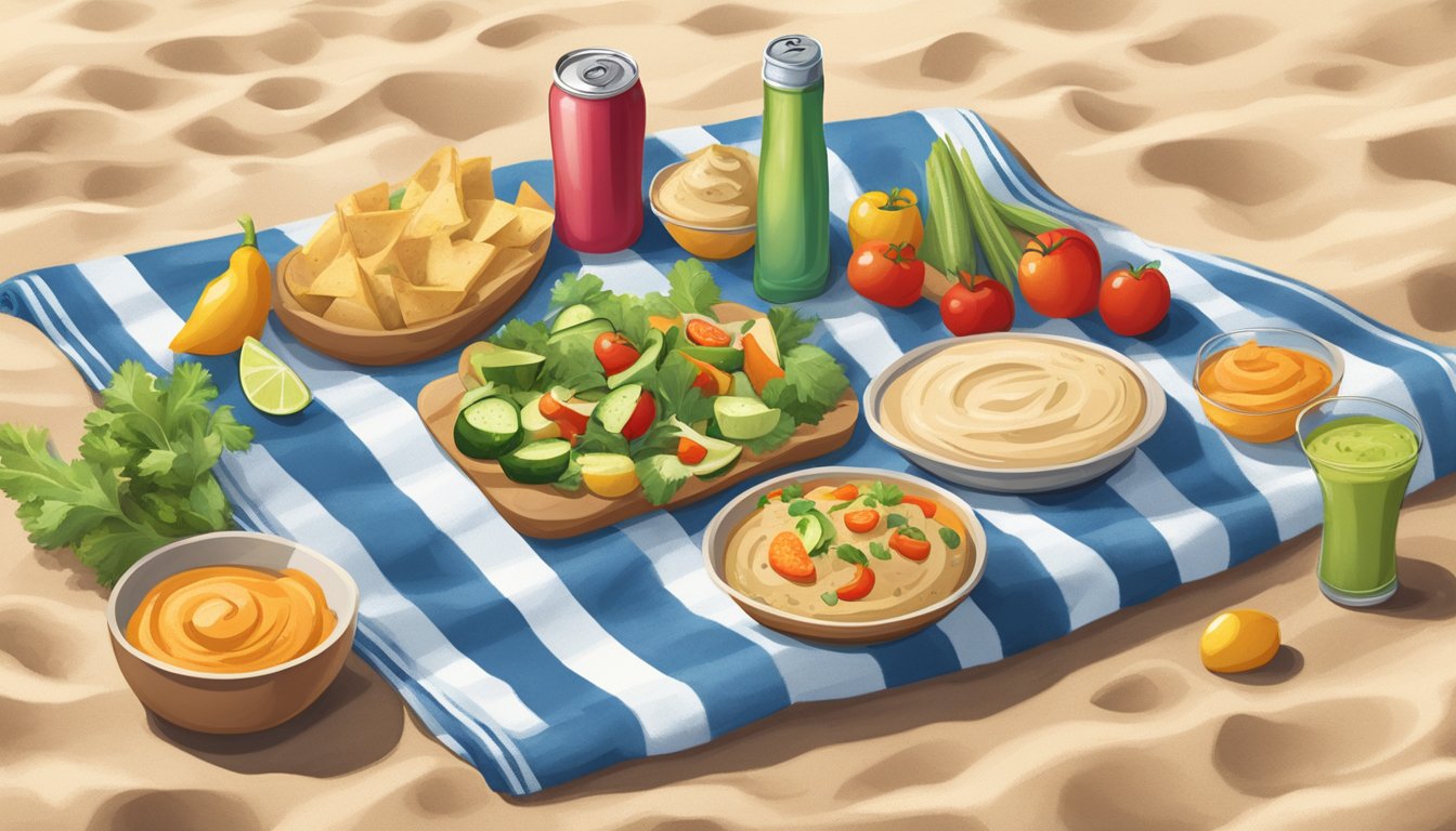 A picnic blanket on a sandy beach with a variety of colorful veggie cups filled with hummus, surrounded by beach towels and a cooler