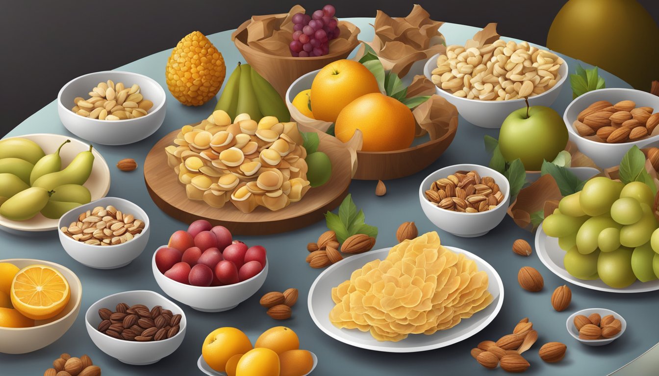 A table with a variety of tuiles, fruits, and nuts