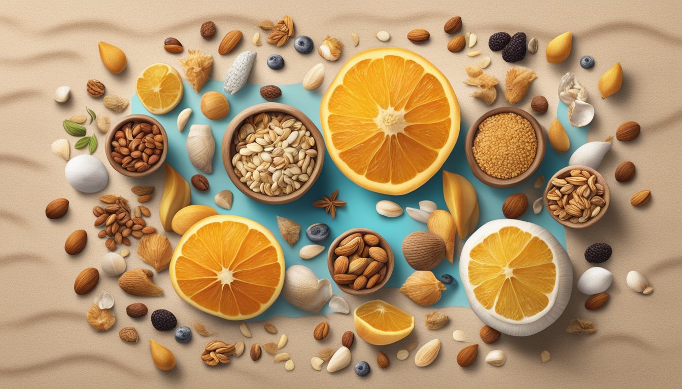 A beach towel spread out with a variety of dried fruits, nuts, and seeds mixed together in a pile, surrounded by seashells and a bottle of water