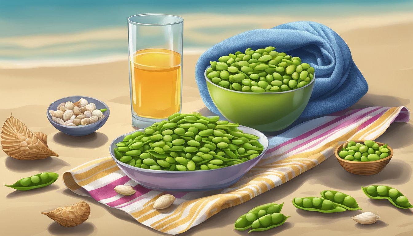 A colorful assortment of edamame pods arranged on a sandy beach towel, surrounded by seashells and a refreshing drink