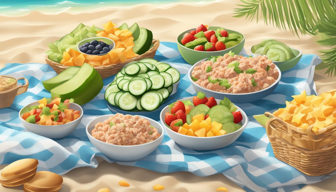 A picnic blanket with a variety of colorful and appetizing snacks spread out, including cucumber and tuna bites, set against a backdrop of a sandy beach and sparkling ocean