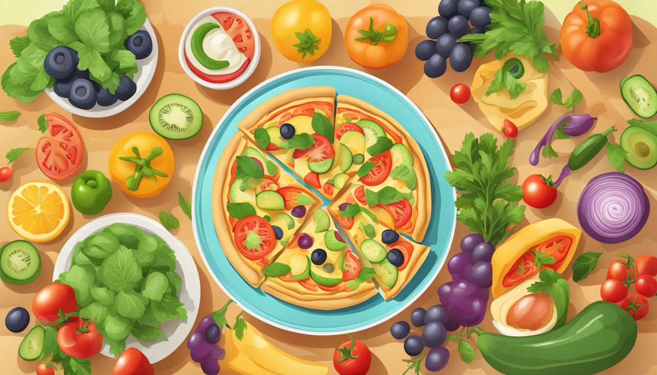 A colorful plate with a pizza quesadilla, surrounded by fresh vegetables and fruits