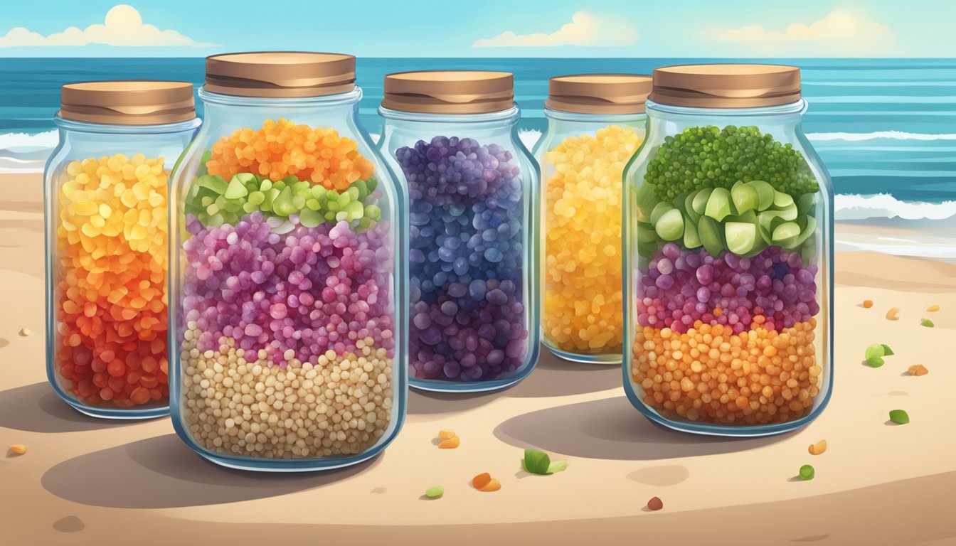 Colorful quinoa salad jars arranged on a sandy beach with waves in the background. Sunlight shines on the jars, highlighting the vibrant vegetables and grains