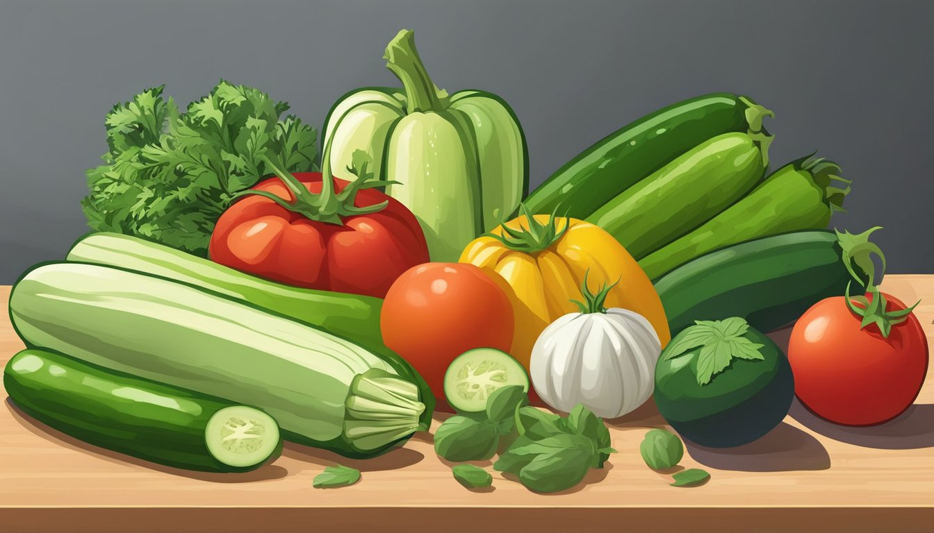 A colorful array of zucchinis, tomatoes, and other fresh vegetables arranged on a cutting board, ready to be sliced and cooked into a delicious ratatouille