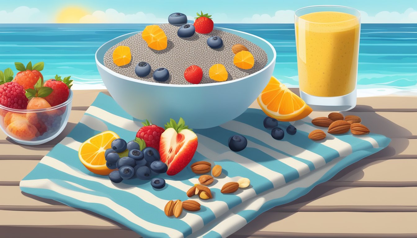 A colorful array of chia seed pudding, fresh fruits, and nuts arranged on a beach towel with the ocean in the background