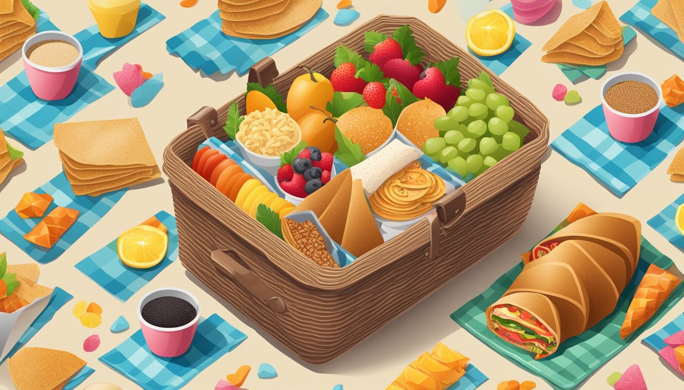 A picnic basket on a sandy beach with whole grain wraps and turkey, surrounded by colorful and nutritious snacks