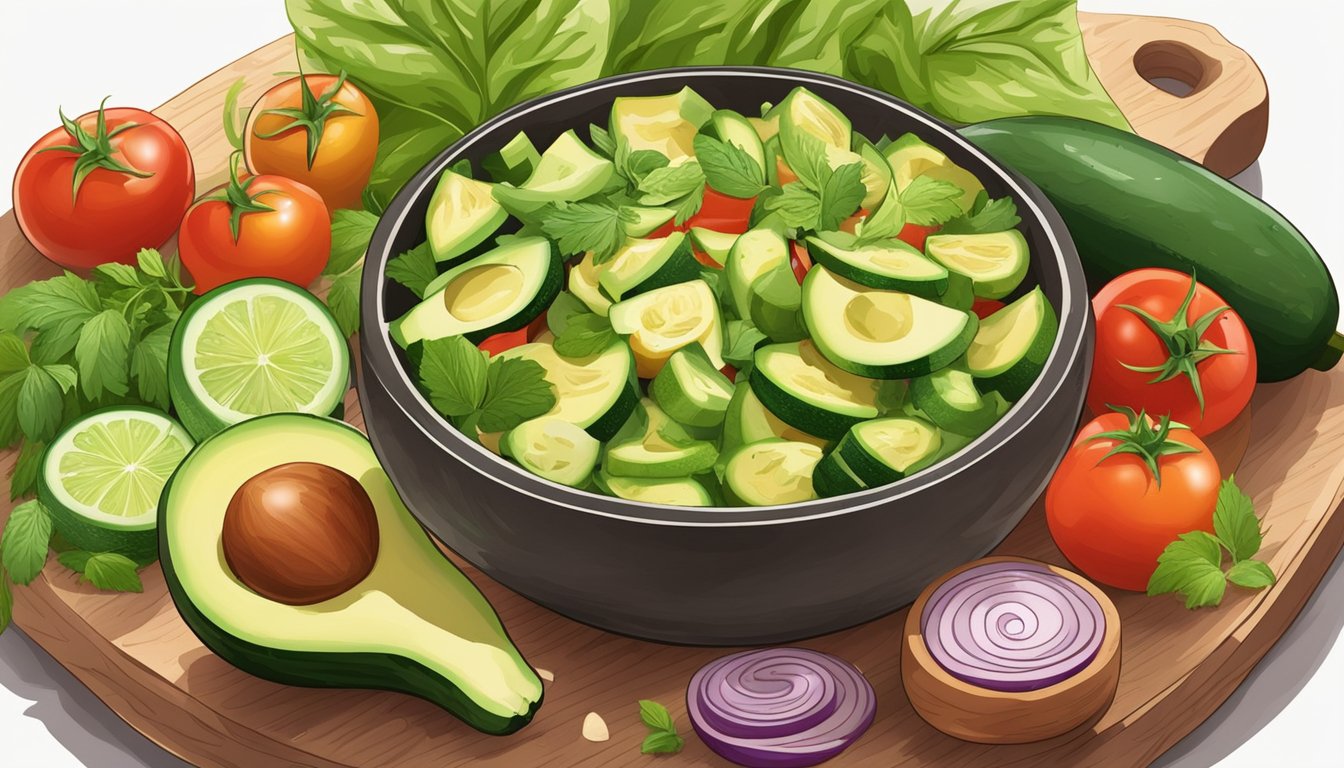 A colorful bowl of zucchini and avocado salad surrounded by fresh ingredients like tomatoes, cucumbers, and herbs on a wooden cutting board