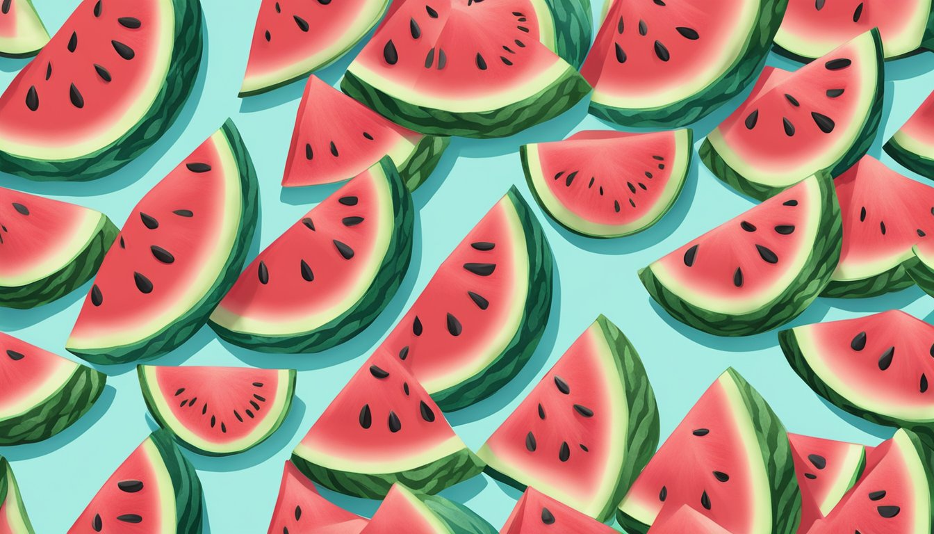 A colorful array of watermelon slices arranged on a vibrant beach towel