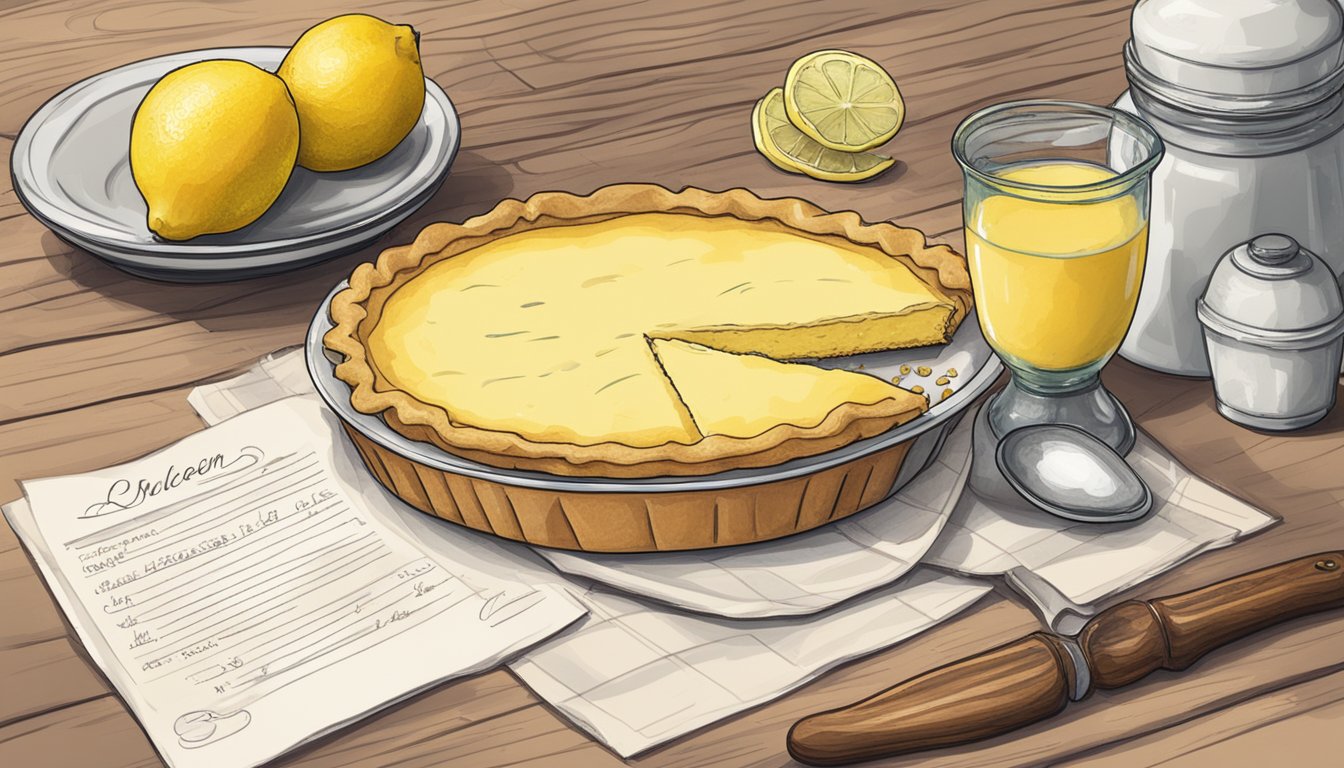 A rustic kitchen table with a freshly baked Shaker Lemon Pie next to a pile of lemons and a handwritten recipe card