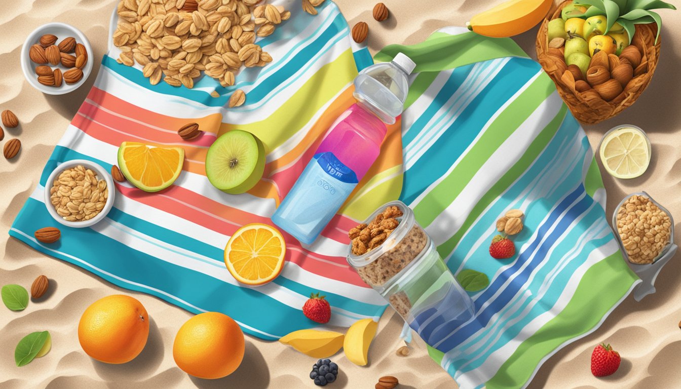 A colorful beach towel spread out on the sand, surrounded by a variety of fresh fruits, nuts, and granola bars. A clear water bottle and a small cooler are nearby