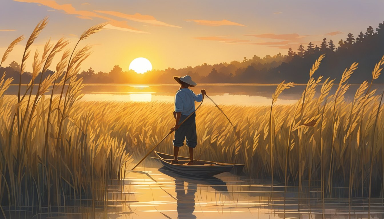 Wild rice stalks sway in the breeze as a figure uses a long pole to gather the ripe grains from the water's edge. The sun casts a warm glow over the scene