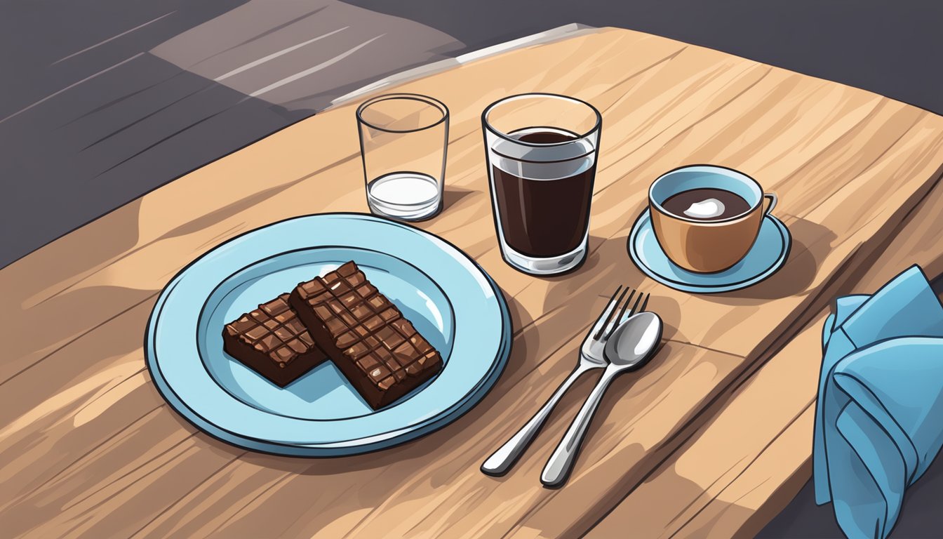 A table set with a plate of KIND Breakfast Bars - Dark Chocolate Cocoa, a glass of water, and a napkin