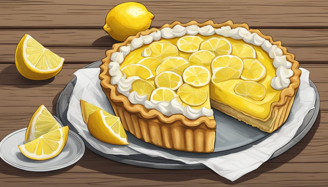 A vegan shaker lemon pie sits on a rustic wooden table, adorned with fresh lemon slices and a golden, flaky crust