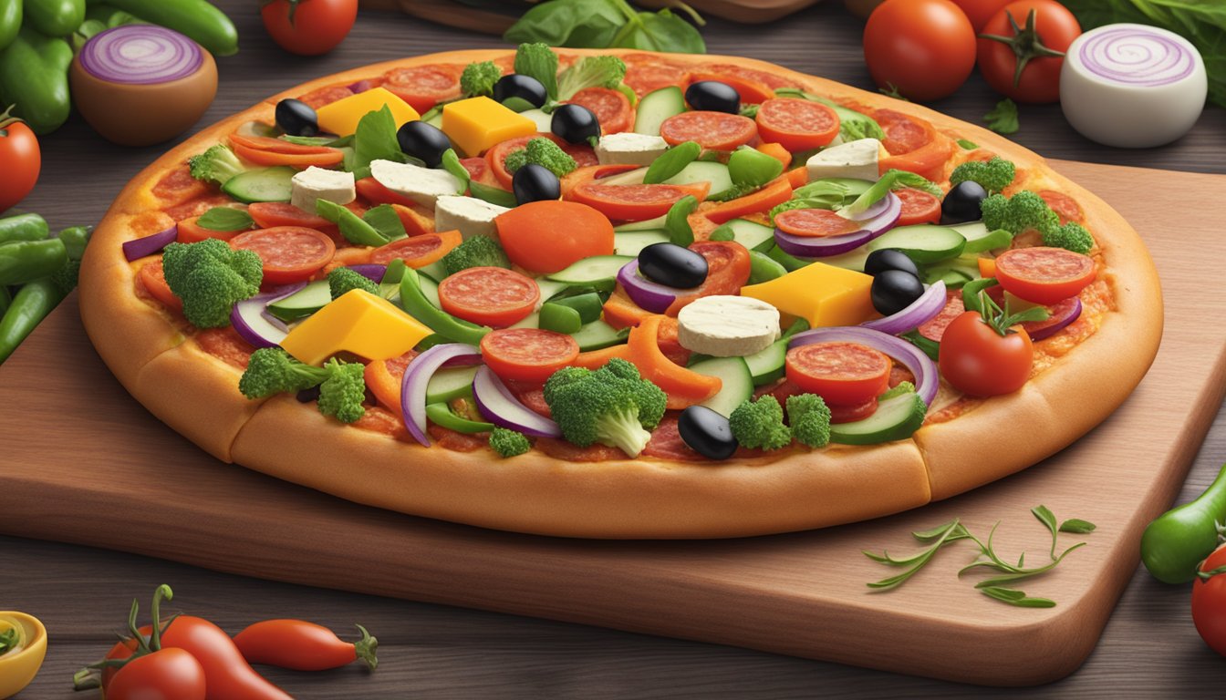 A pizza pretzel surrounded by vegan cheese, plant-based pepperoni, and assorted vegetables on a wooden serving board